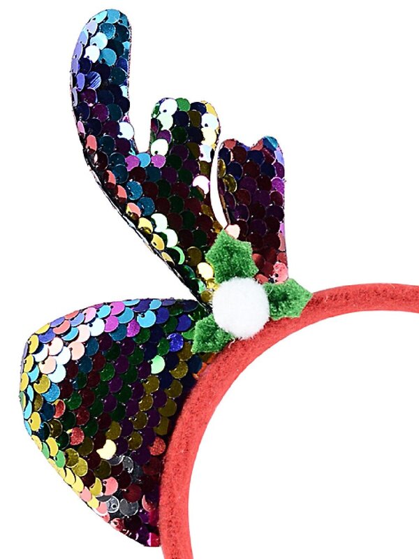 Gold Sequin Reindeer Antlers Headband With Holly | One Size Fits Most — image 2
