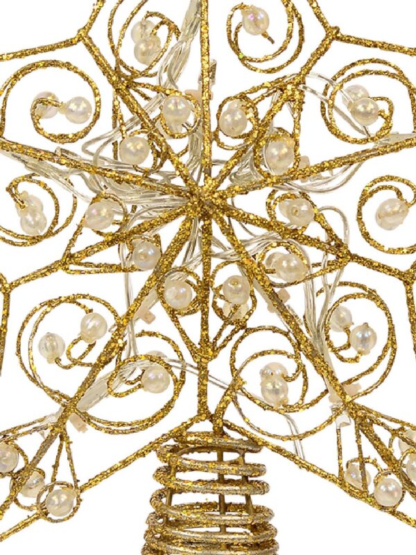 Gold Star With Beads Illuminated Warm White Tree Topper Ornament - 21cm — image 4