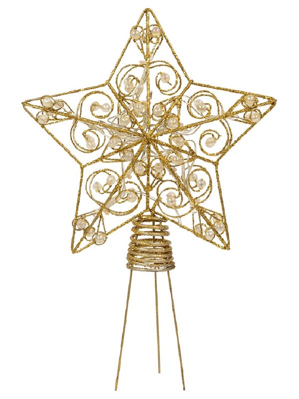 Gold Star With Beads Illuminated Warm White Tree Topper Ornament - 21cm — image 2