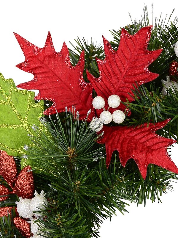 Green Pre-Decorated Wreath With Red & Green Leaves & White Berries - 47cm