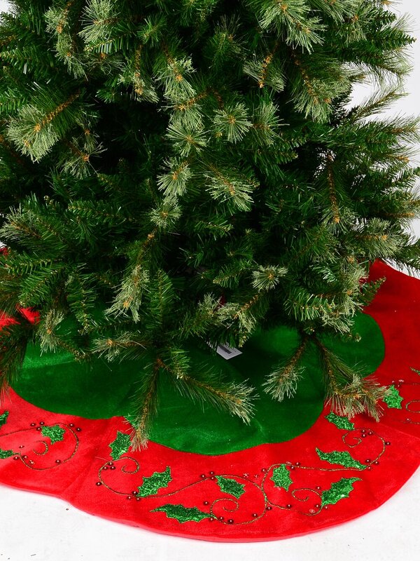 Green & Red Velvet With Holly Leaf Design Christmas Tree Skirt - 1.2m