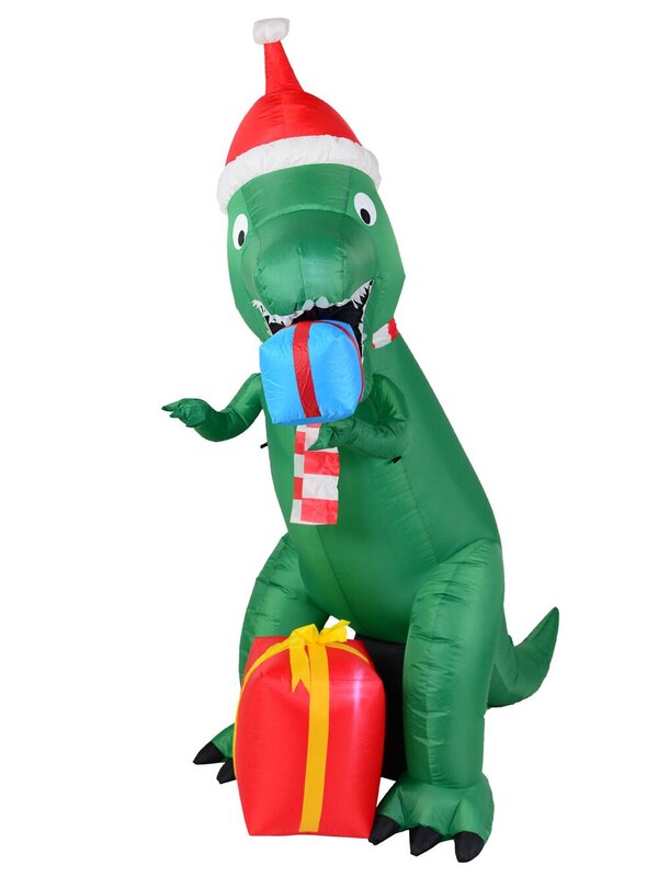 Green T-Rex Dinosaur Inflatable With Santa Hat & Gifts - 2.1m