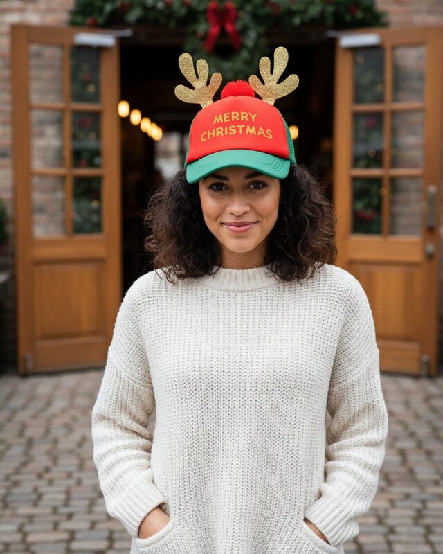 Green With Red Merry Christmas Reindeer Antler Cap | Adjustable Snapback — image 2