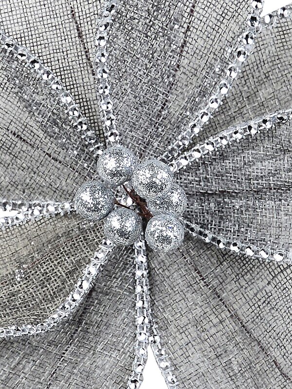 Grey Mesh & Silver Diamante Poinsettia Christmas Tree Clip Pick | 30cm — image 3