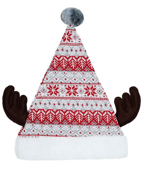 Grey Red & White Knitted Sweater Santa Hat With Antlers | One Size Fits Most — image 2