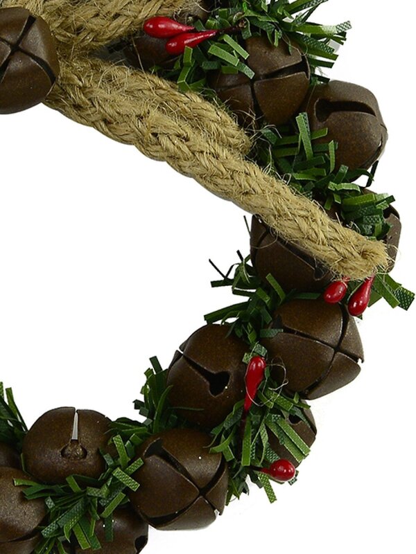 Hanging Decorative Metal Bells Wreath With Jute &amp; Foliage - 10cm — image 2