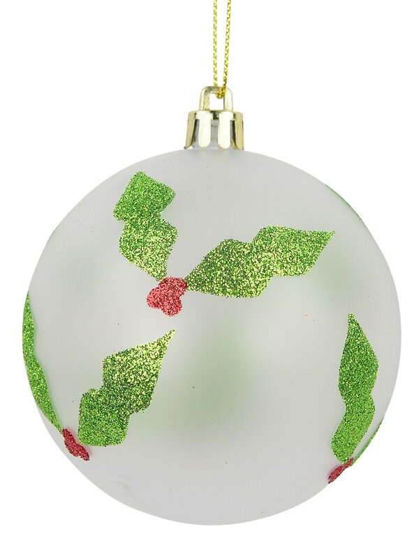 Holly Print Baubles In Pearl White & Clear Gold - 4 x 60mm