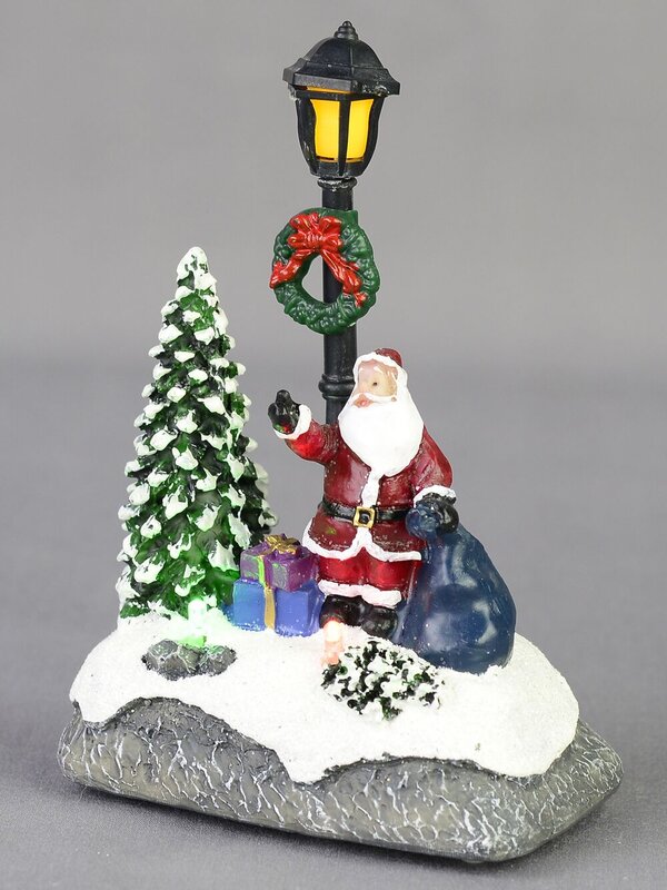 Illuminated Santa with Sack Under a Lamp Post Scene - 12cm