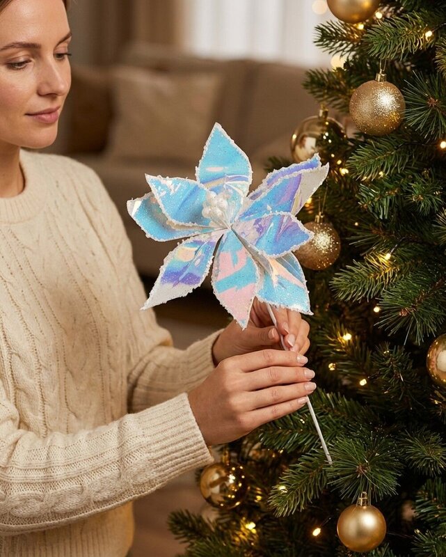 Iridescent Glossy & Sequin Poinsettia Long Christmas Stem | 55cm — image 4