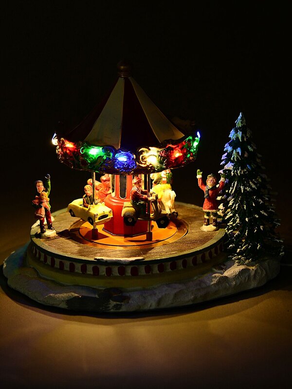 Kids Enjoying A Winter Fun Park Merry-Go-Round Christmas Village Scene - 23cm — image 3