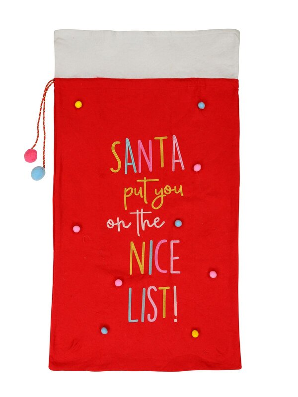 Large Felt ' Santa Put You On The Nice List! ' & Pom-Poms Gift Santa Sack - 1m — image 2