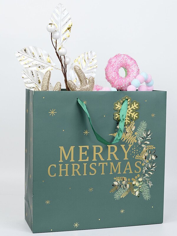 Large Green Merry Christmas & Foliage Gift Bag With Gold Foil | 35cm — image 2