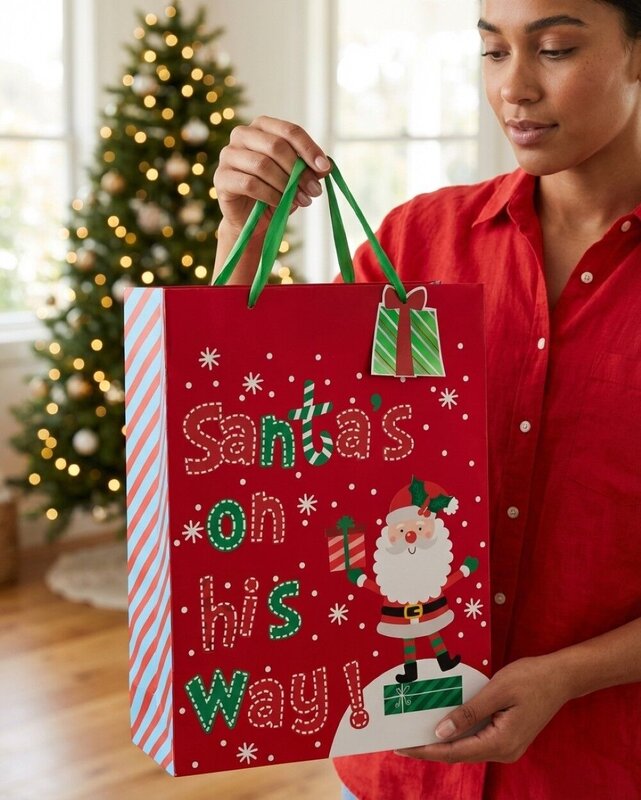 Large Red Santa's On His Way Christmas Gift Bag With Gloss | 42cm — image 2