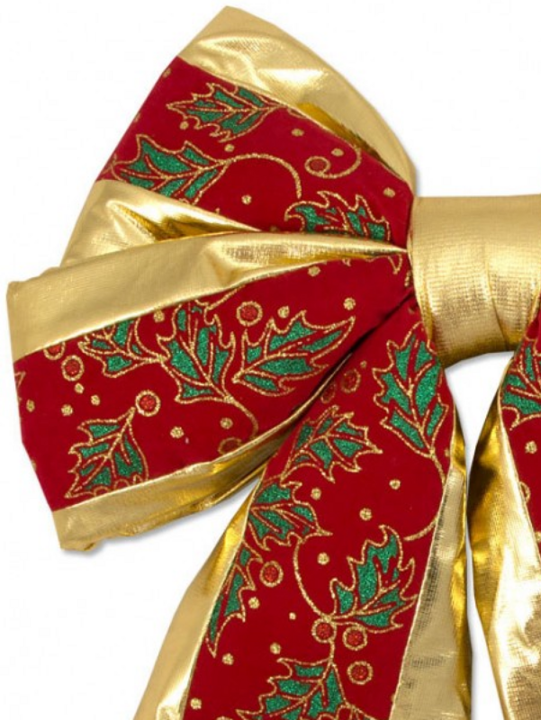 Large Shiny Gold & Holly Design Red Velvet Bow Display Decoration - 45cm — image 2