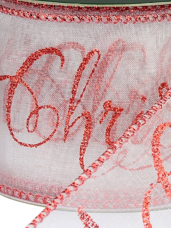 Merry Christmas Print On Sheer White Christmas Ribbon With Red Edge - 3m