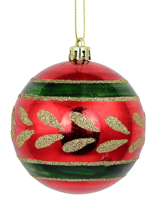 Metallic Red Christmas Baubles With Gold Glitter & Green Patterns - 4 x 80mm — image 2