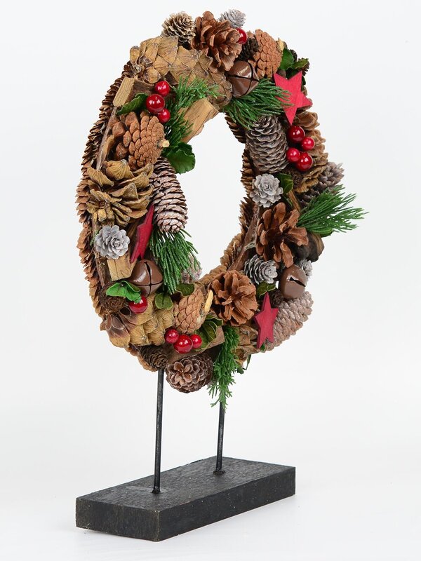 Natural Christmas Wreath With Pine Cones, Stars, Wood Chunks & Bells - 31cm — image 2