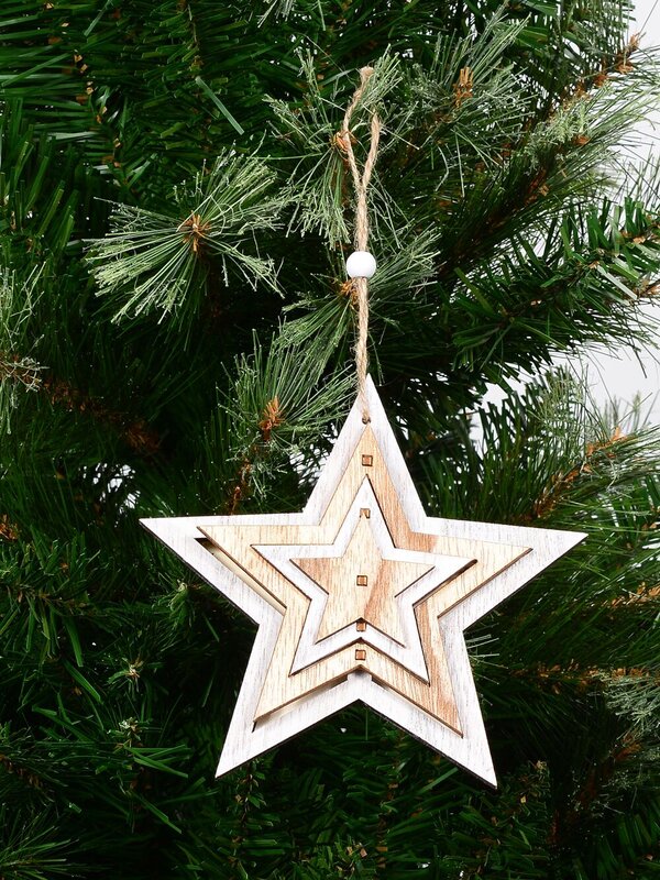 Natural & White Layered Wood Star Christmas Tree Hanging Decoration - 15cm — image 3