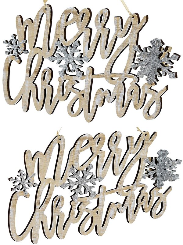 Natural Wood Hanging Merry Christmas with Silver Glittered Snowflakes - 20cm