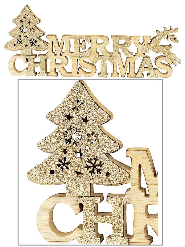 Natural Wood Merry Christmas with Champagne Glittered Tree & Deer - 35cm