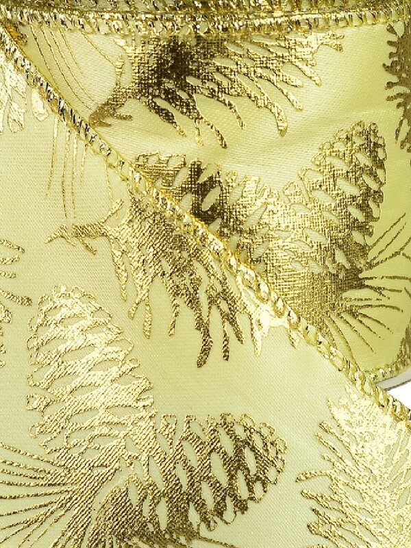 Pine Cone Pattern On Champagne Satin Christmas Ribbon With Gold Edging - 3m