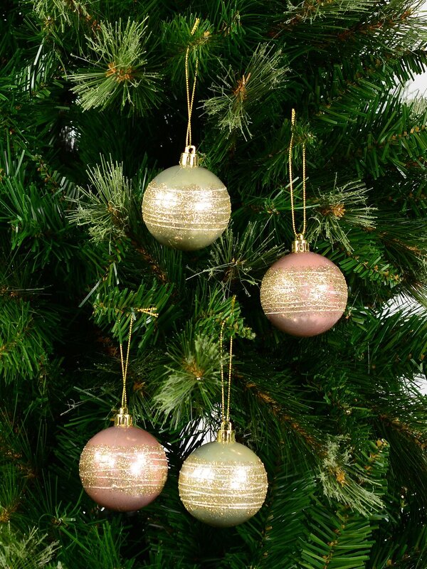 Pink & Champagne Pearl Baubles With Gold Glittered White Stripes - 12 x 60mm  — image 4