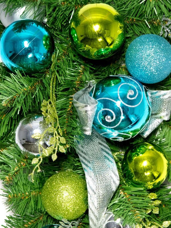Pre-Decorated Lime, Silver & Turquoise Bauble & Pine Teardrop - 60cm