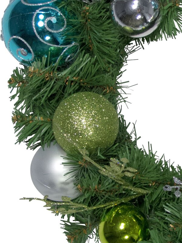 Pre-Decorated Lime, Silver & Turquoise Bauble & Pine Wreath - 38cm — image 4