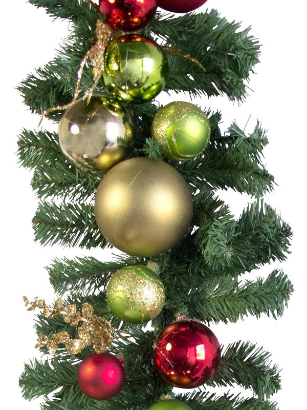 Pre-Decorated Red, Green & Gold Bauble & Pine Garland - 2.7m