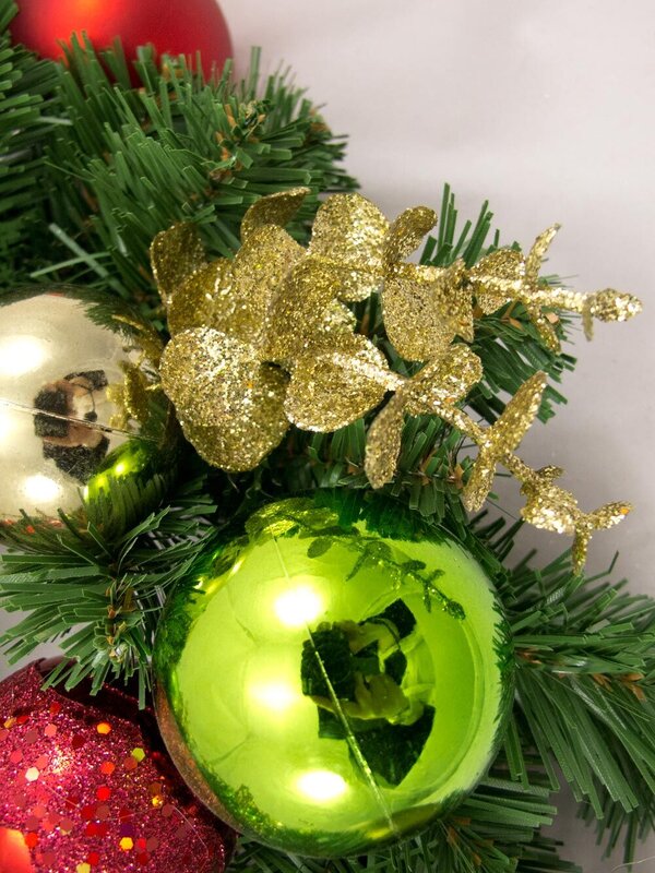 Pre-Decorated Red, Green & Gold Bauble & Pine Wreath - 38cm