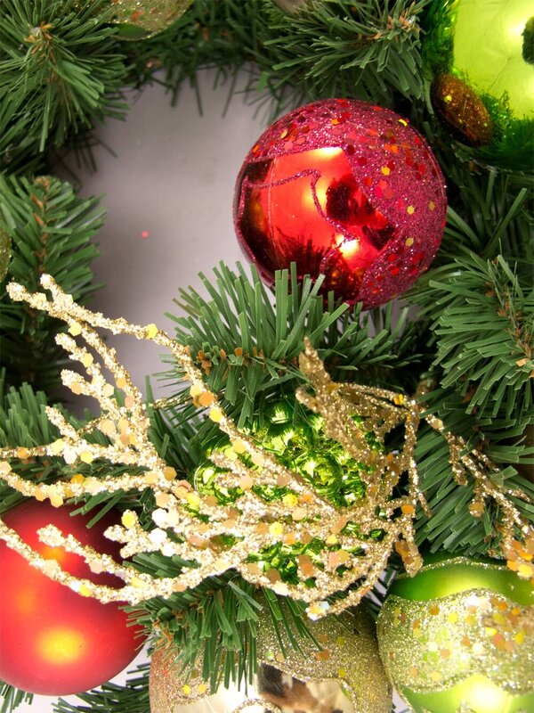 Pre-Decorated Red, Green & Gold Bauble & Pine Wreath - 38cm