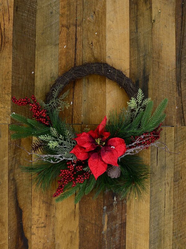 Pre-Decorated Wire Spun Wreath With Mixed Foliage & Red Poinsettia - 58cm