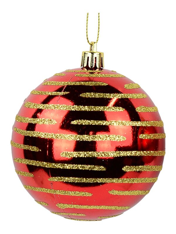 Red Baubles With Gold Glitter Stripes & Snowflake Print - 8 x 80mm