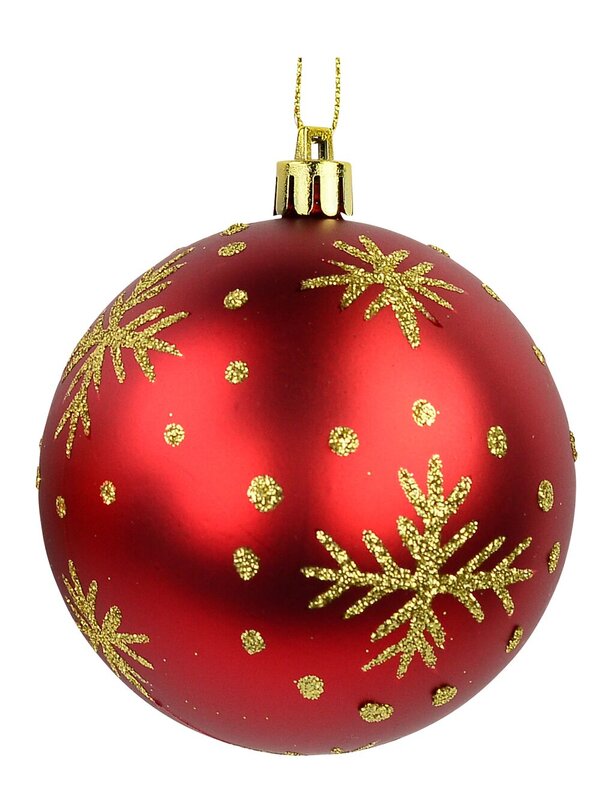 Red Baubles With Gold Glitter Stripes & Snowflake Print - 8 x 80mm