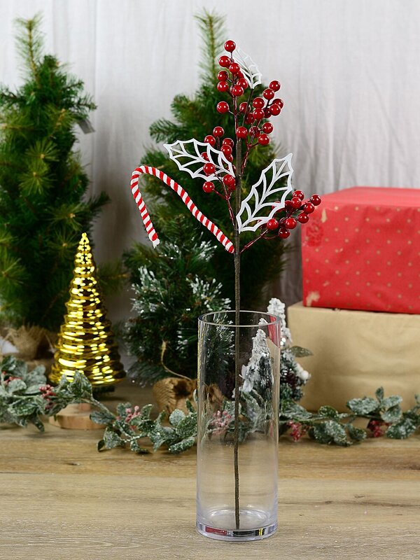 Red Berries White Leaves & A Candy Cane Spray Long Christmas Stem | 64cm