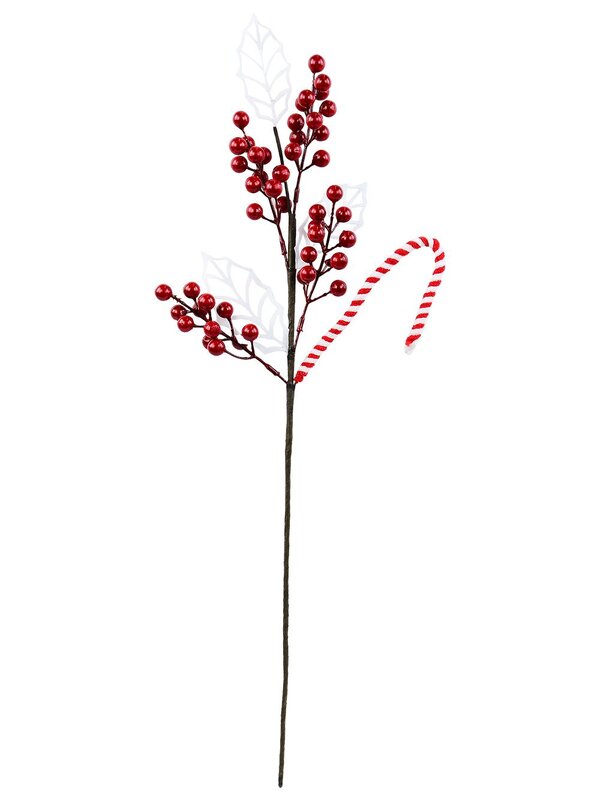 Red Berries White Leaves & A Candy Cane Spray Long Christmas Stem | 64cm — image 3