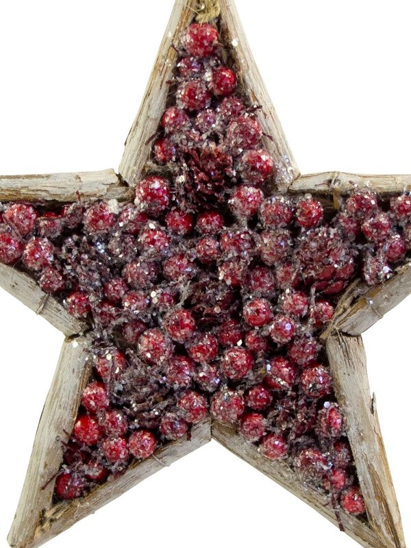 Red Berry Filled Wooden Framed Star Hanging Decoration - 24cm