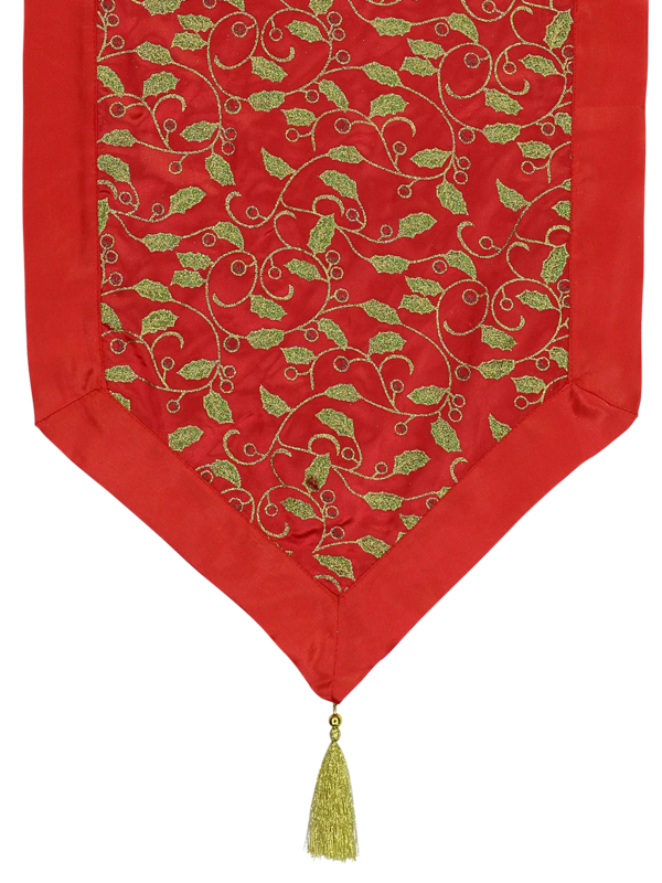 Red Christmas Table Runner With Green Holly Leaf Design & Gold Tassel - 1.4m — image 2