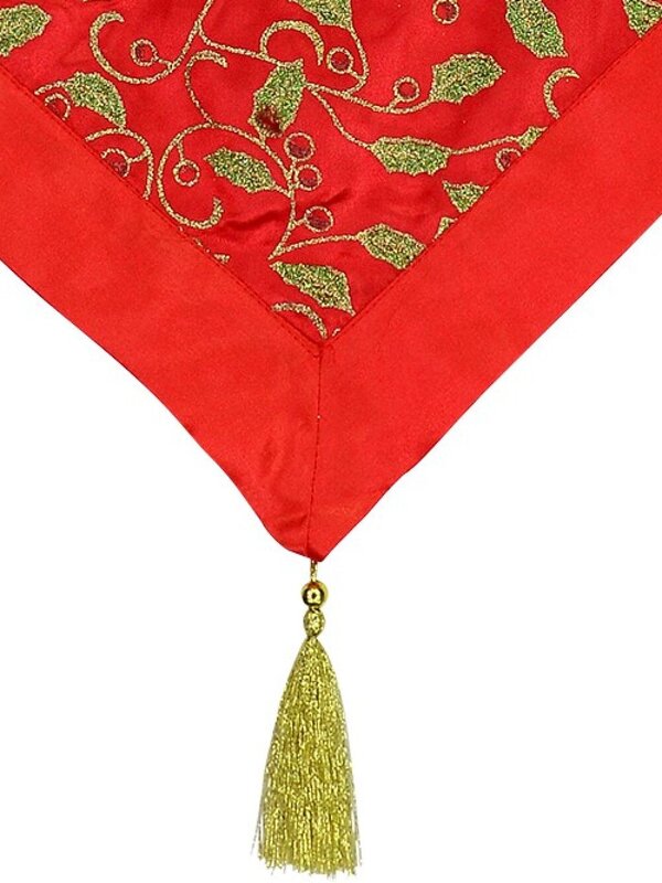 Red Christmas Table Runner With Green Holly Leaf Design & Gold Tassel - 1.4m — image 3