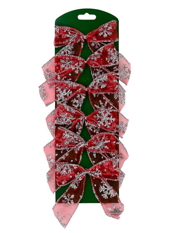 Red Christmas Tree Bow Decorations With Silver Glitter Snowflakes - 6 x 12cm