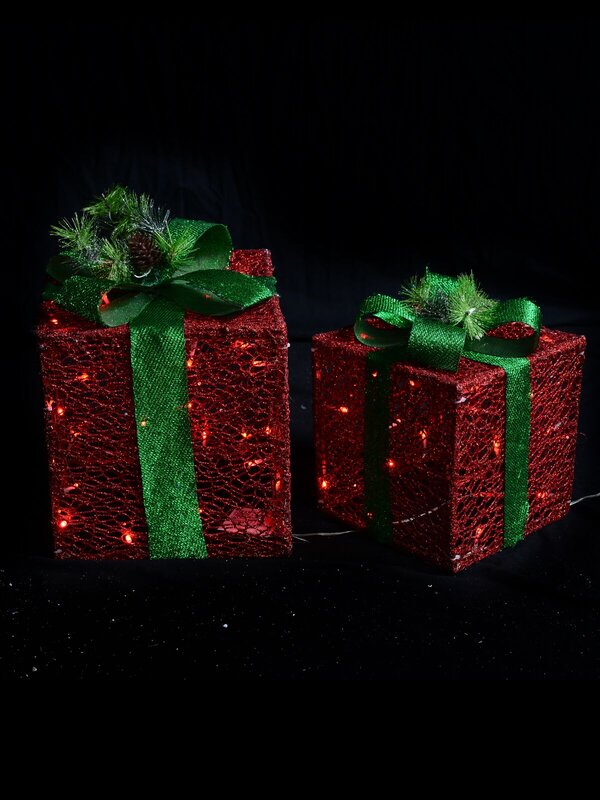 Red Glitter Mesh 3D Gift Box LED Display Set | 25cm & 20cm — image 3