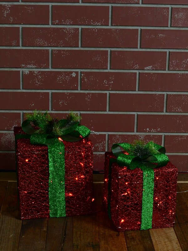 Red Glitter Mesh 3D Gift Box LED Display Set | 25cm & 20cm — image 5