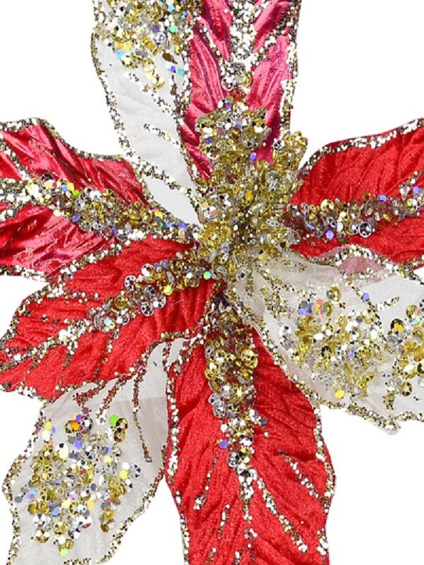 Red, Gold & Platinum Cactus Flower Decorative Christmas Floral Pick - 25cm