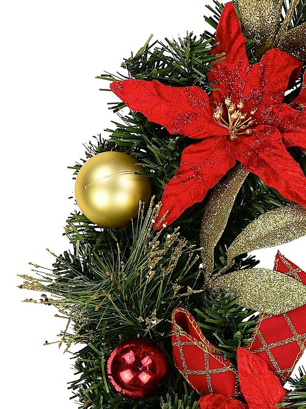 Red & Gold Wreath With Poinsettias, Baubles, Leaves & Gold Tips - 45cm