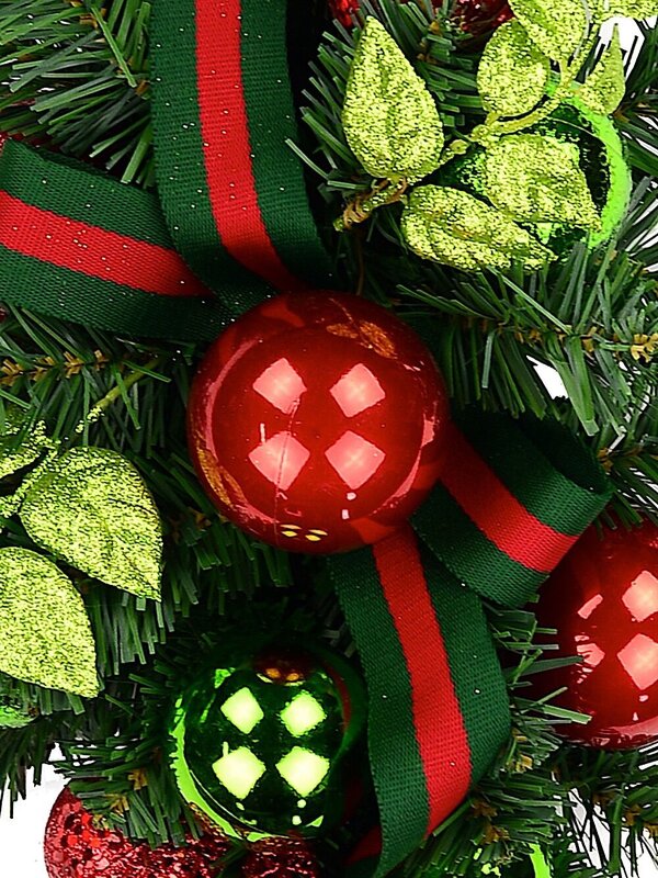 Red & Green Centrepiece With Baubles & Striped Ribbon - 64cm