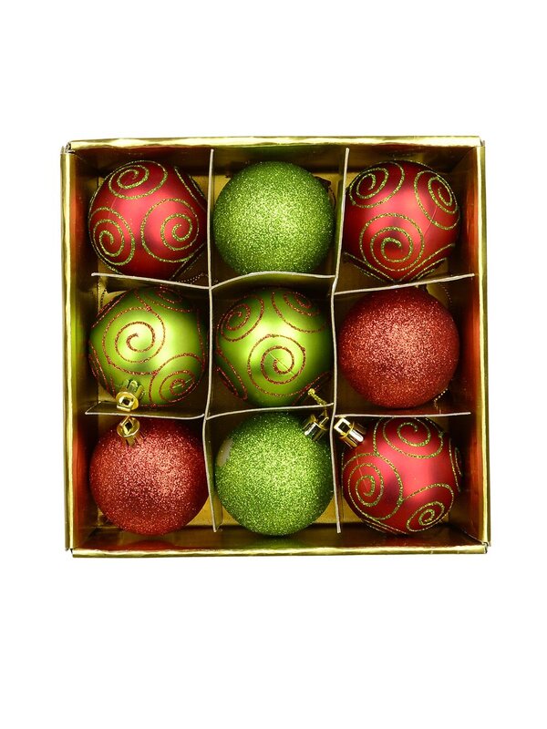 Red & Green Glitter, Matt & Glitter Swirls Baubles - 9 x 60mm