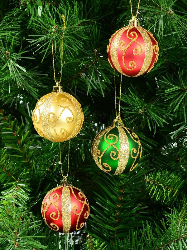 Red, Green & Gold Baubles With Gold Filigree Pattern & Thick Stripe - 6 x 60mm — image 6