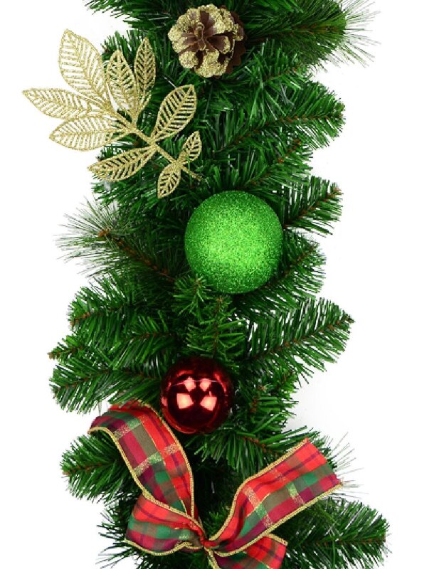 Red, Green & Gold Garland With Tartan Ribbon Detail - 2.7m