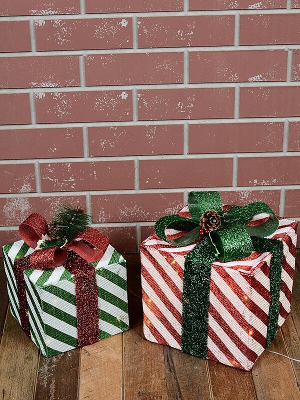 Red, Green & White Stripe Mesh 3D Gift Boxes With Warm White Lights - 30cm — image 4