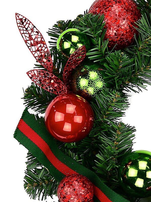 Red & Green Wreath With Baubles & Striped Ribbon - 48cm